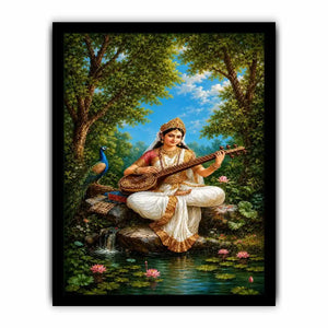 Saraswati veena canvas art with peacock and lotus for elegant living room decor.