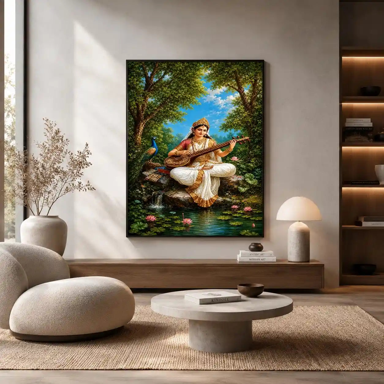 Saraswati veena canvas art with peacock and lotus for elegant living room decor.