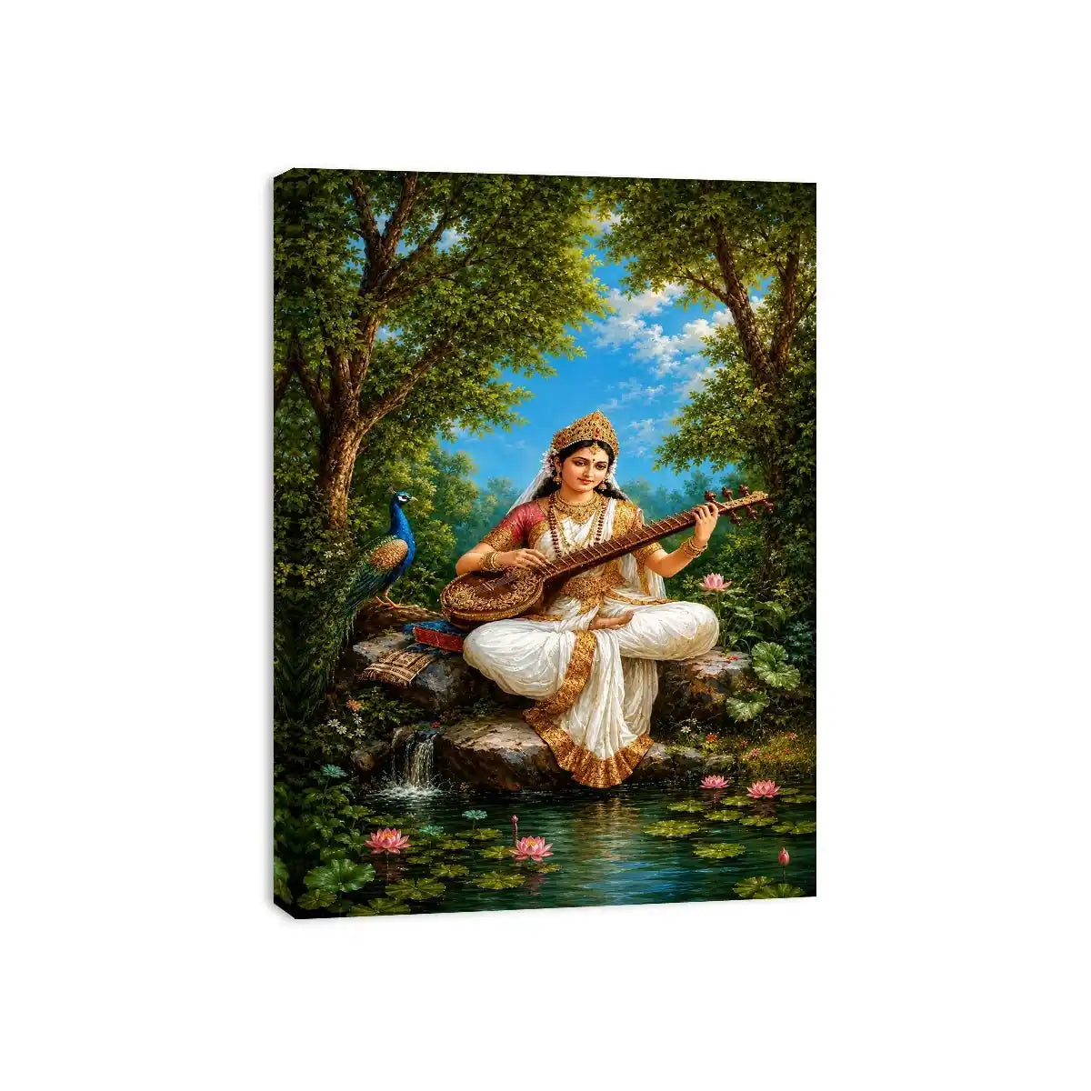 Saraswati veena canvas art with peacock and lotus for elegant living room decor.