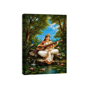 Saraswati veena canvas art with peacock and lotus for elegant living room decor.