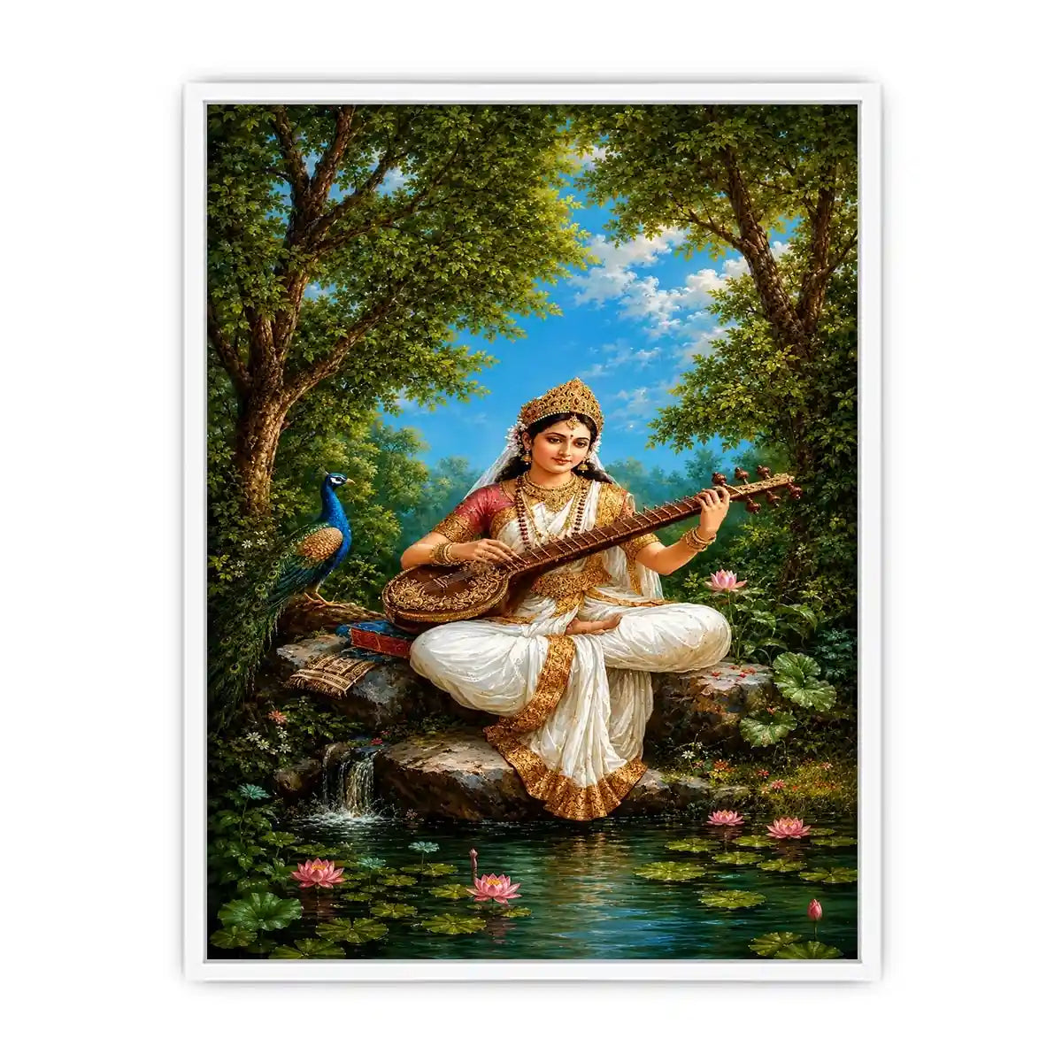 Saraswati veena canvas art with peacock and lotus for elegant living room decor.
