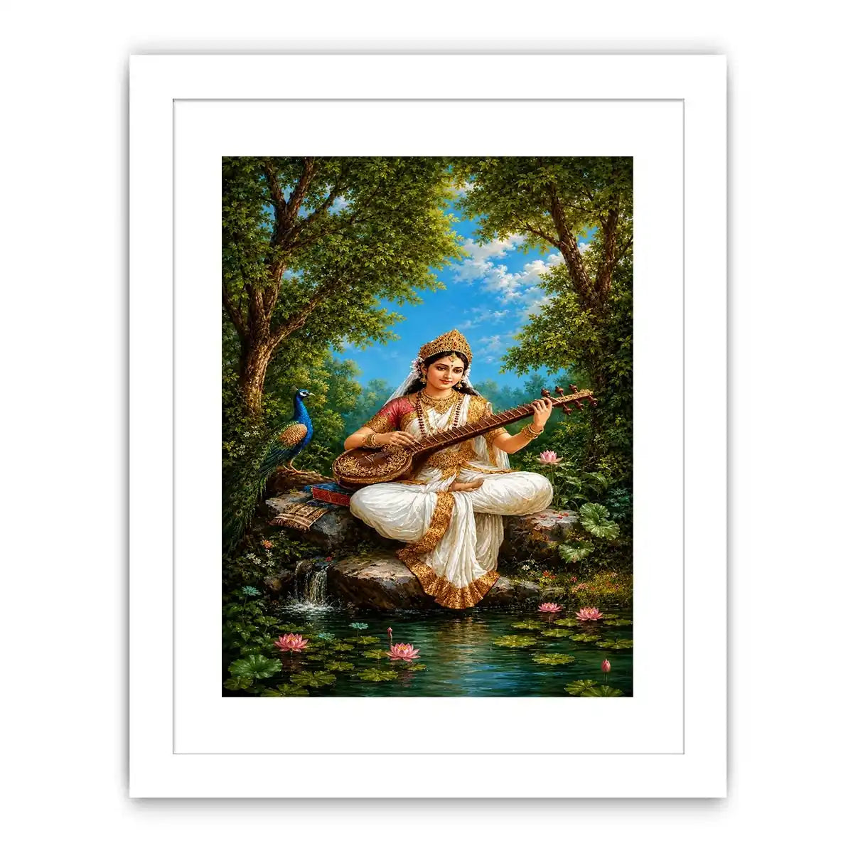 Saraswati veena canvas art with peacock and lotus for elegant living room decor.