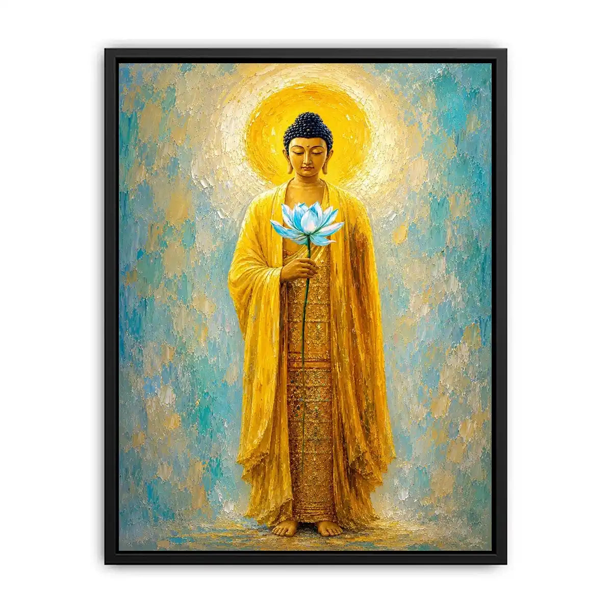 Golden Buddha lotus canvas art in peaceful spiritual style for meditation room decor.