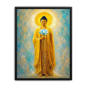 Golden Buddha lotus canvas art in peaceful spiritual style for meditation room decor.