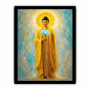 Golden Buddha lotus canvas art in peaceful spiritual style for meditation room decor.
