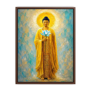 Golden Buddha lotus canvas art in peaceful spiritual style for meditation room decor.
