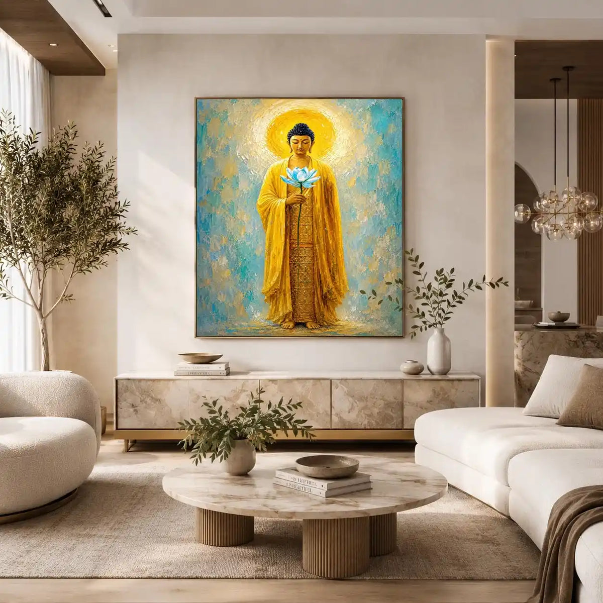 Golden Buddha lotus canvas art in peaceful spiritual style for meditation room decor.