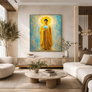 Golden Buddha lotus canvas art in peaceful spiritual style for meditation room decor.