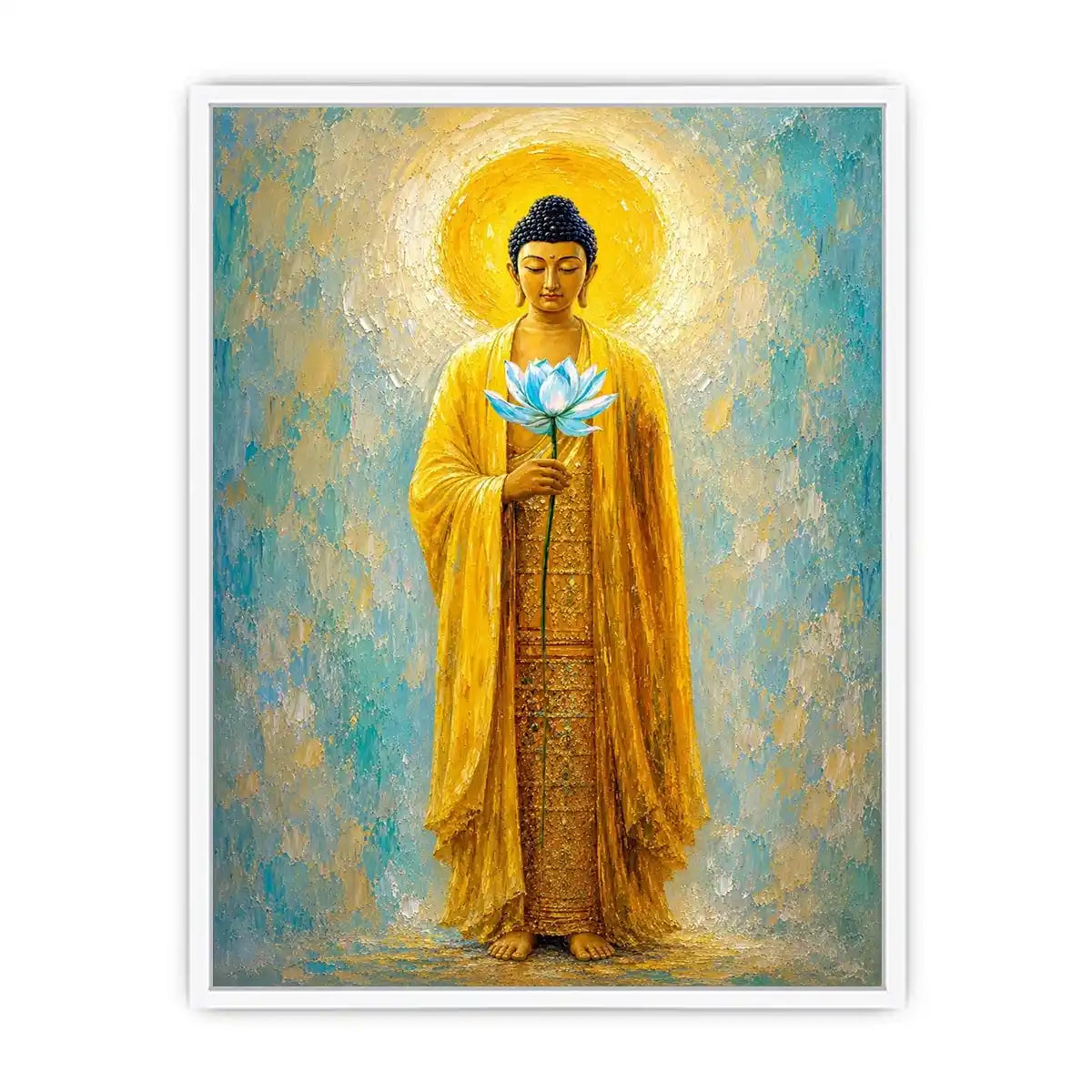 Golden Buddha lotus canvas art in peaceful spiritual style for meditation room decor.