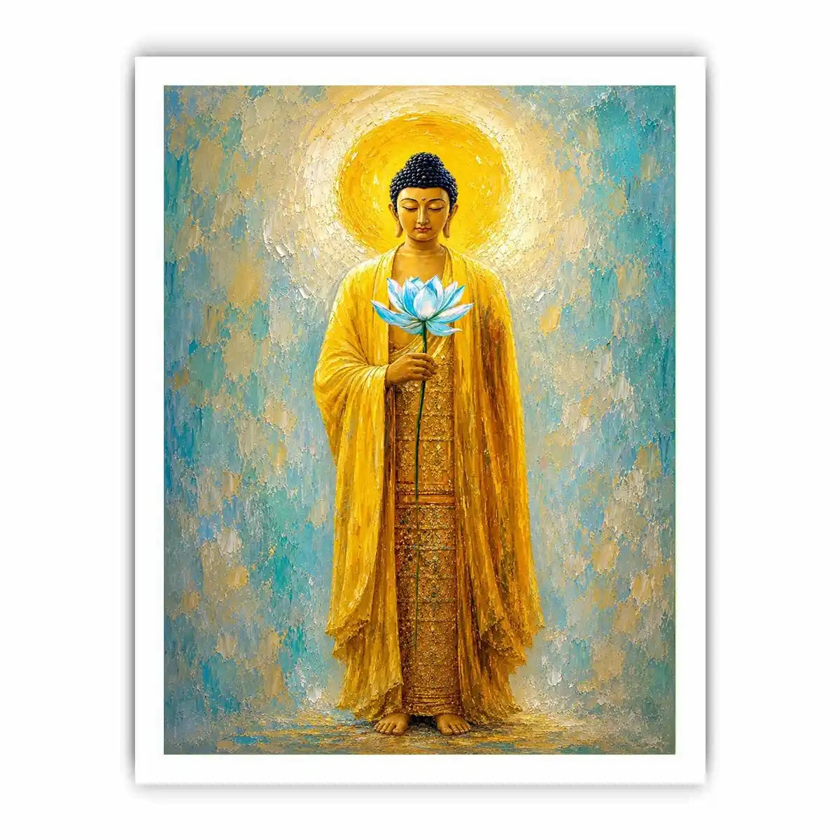 Golden Buddha lotus canvas art in peaceful spiritual style for meditation room decor.