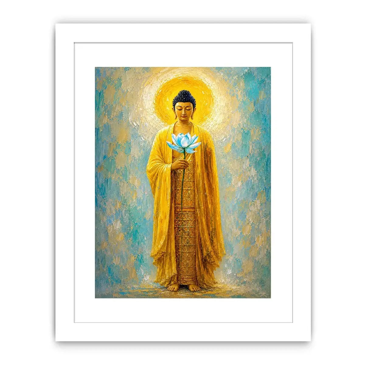 Golden Buddha lotus canvas art in peaceful spiritual style for meditation room decor.