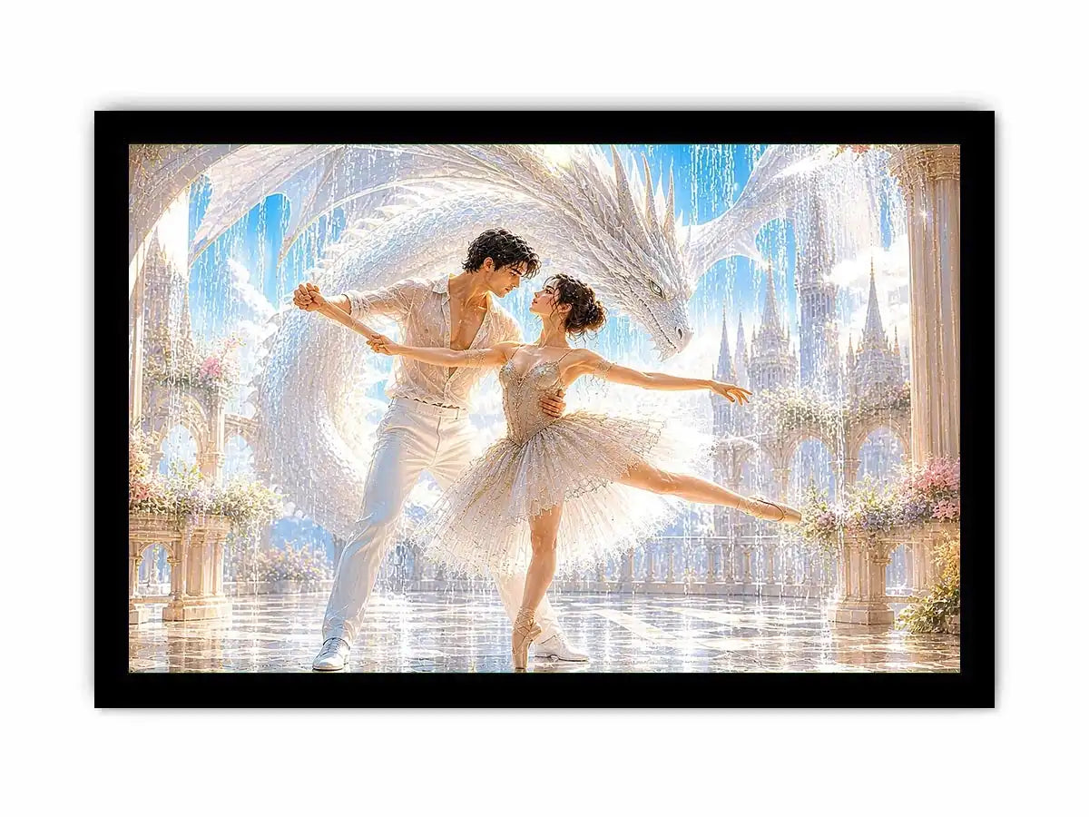 Fantasy ballet couple dancing with a white dragon in a luxury palace interior canvas art