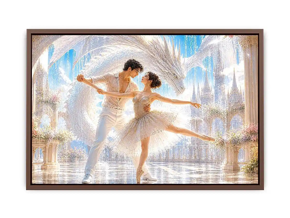 Fantasy ballet couple dancing with a white dragon in a luxury palace interior canvas art