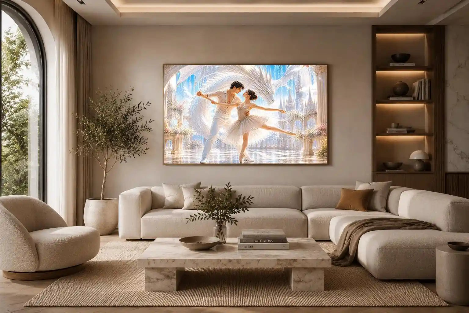 Fantasy ballet couple dancing with a white dragon in a luxury palace interior canvas art