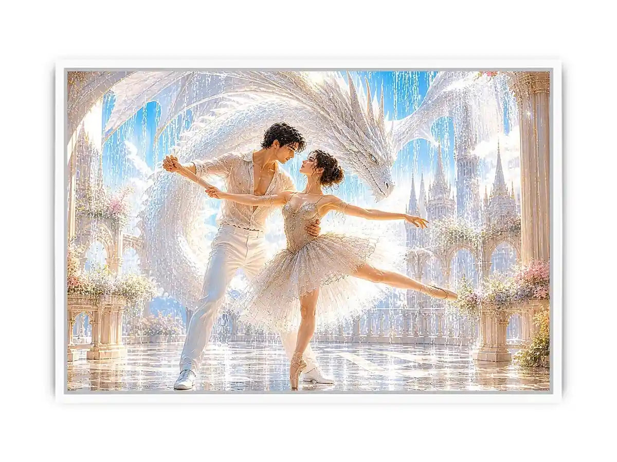 Fantasy ballet couple dancing with a white dragon in a luxury palace interior canvas art