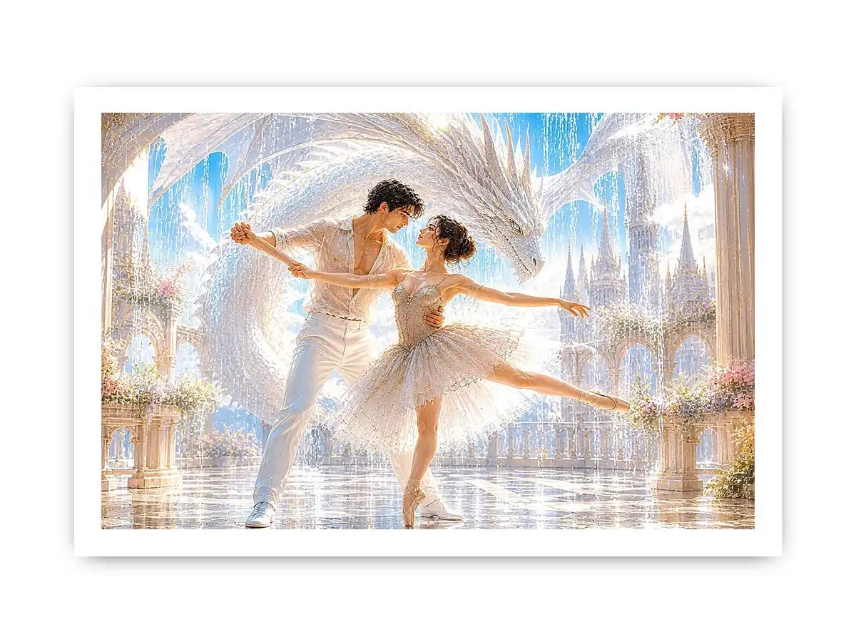 Fantasy ballet couple dancing with a white dragon in a luxury palace interior canvas art