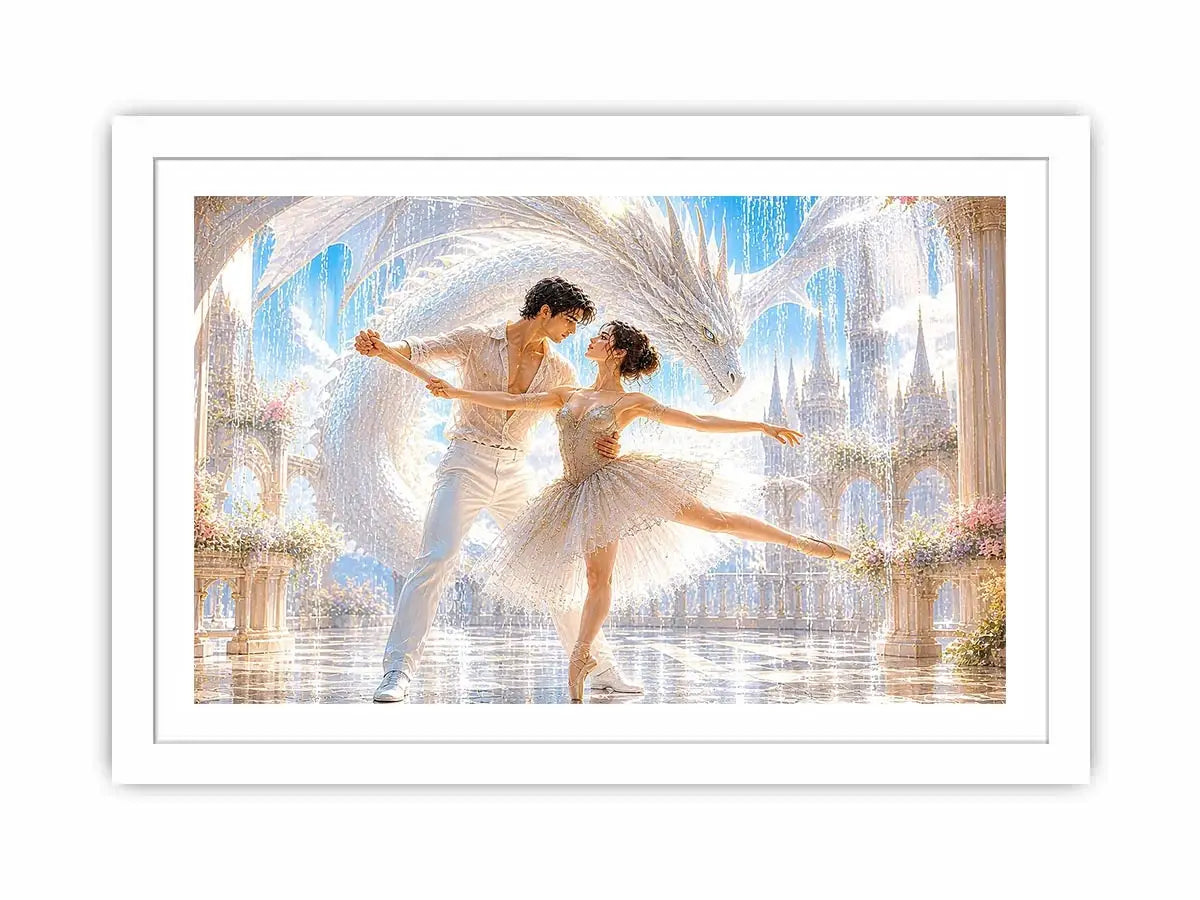 Fantasy ballet couple dancing with a white dragon in a luxury palace interior canvas art