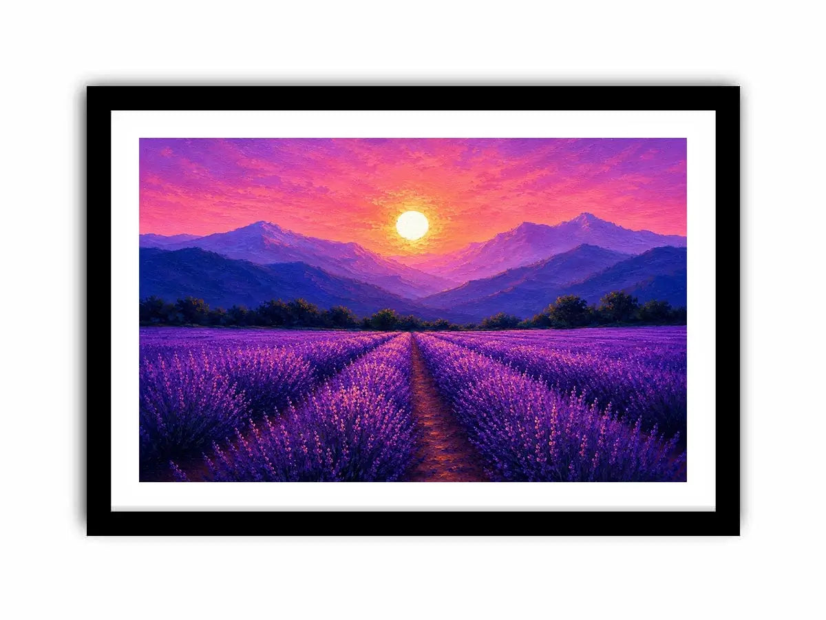Lavender field landscape canvas art with sunset mountains for elegant bedroom decor.