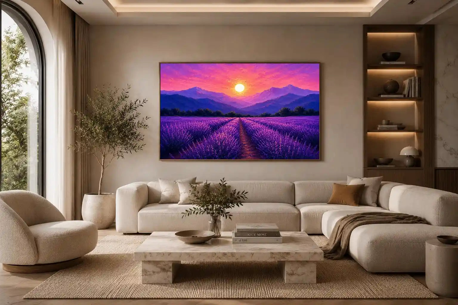 Lavender field landscape canvas art with sunset mountains for elegant bedroom decor.