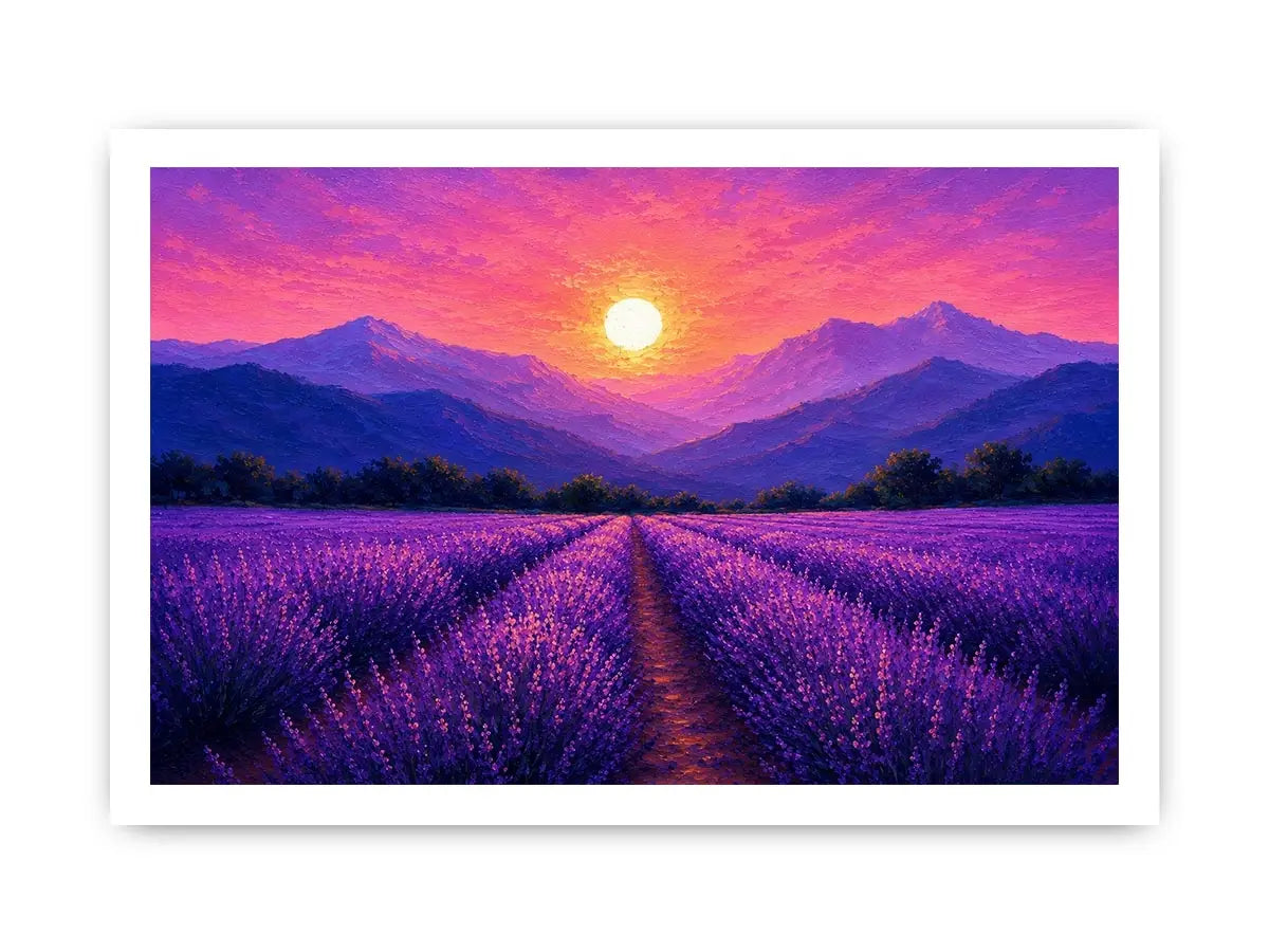 Lavender field landscape canvas art with sunset mountains for elegant bedroom decor.