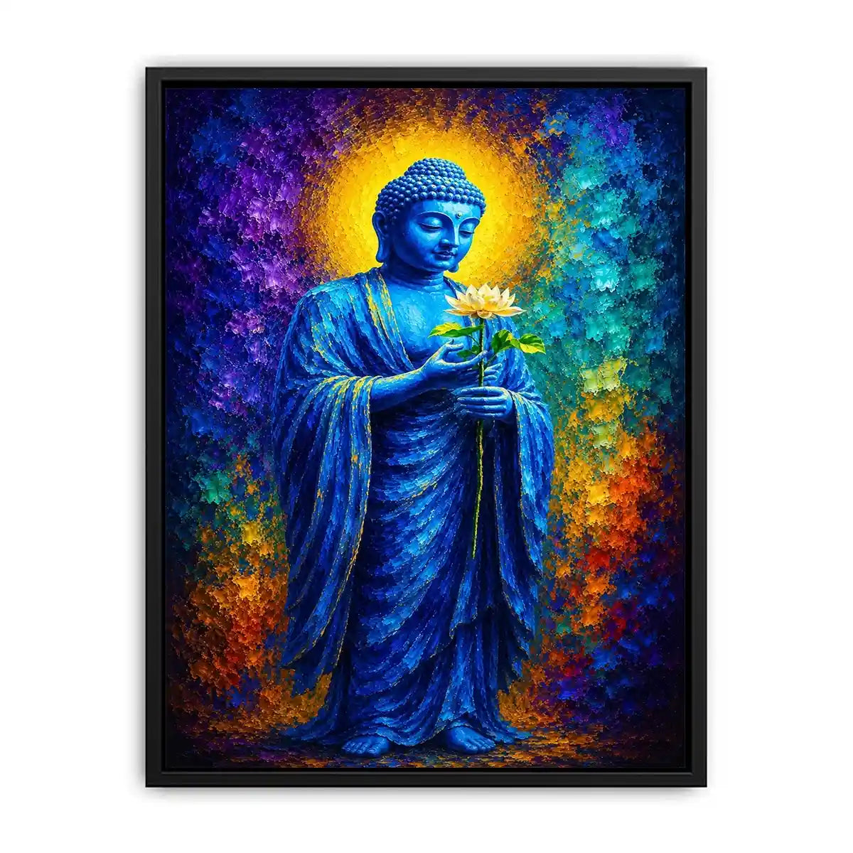 Blue Buddha lotus canvas print in spiritual style for peaceful bedroom or office decor.