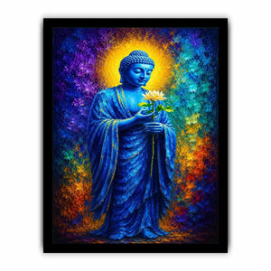 Blue Buddha lotus canvas print in spiritual style for peaceful bedroom or office decor.