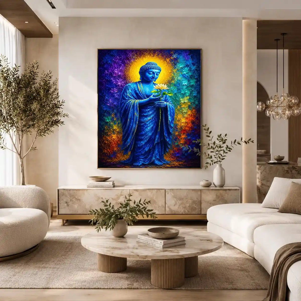 Blue Buddha lotus canvas print in spiritual style for peaceful bedroom or office decor.