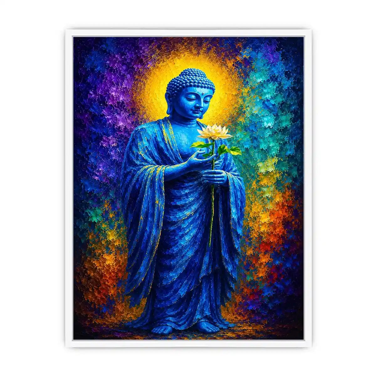 Blue Buddha lotus canvas print in spiritual style for peaceful bedroom or office decor.