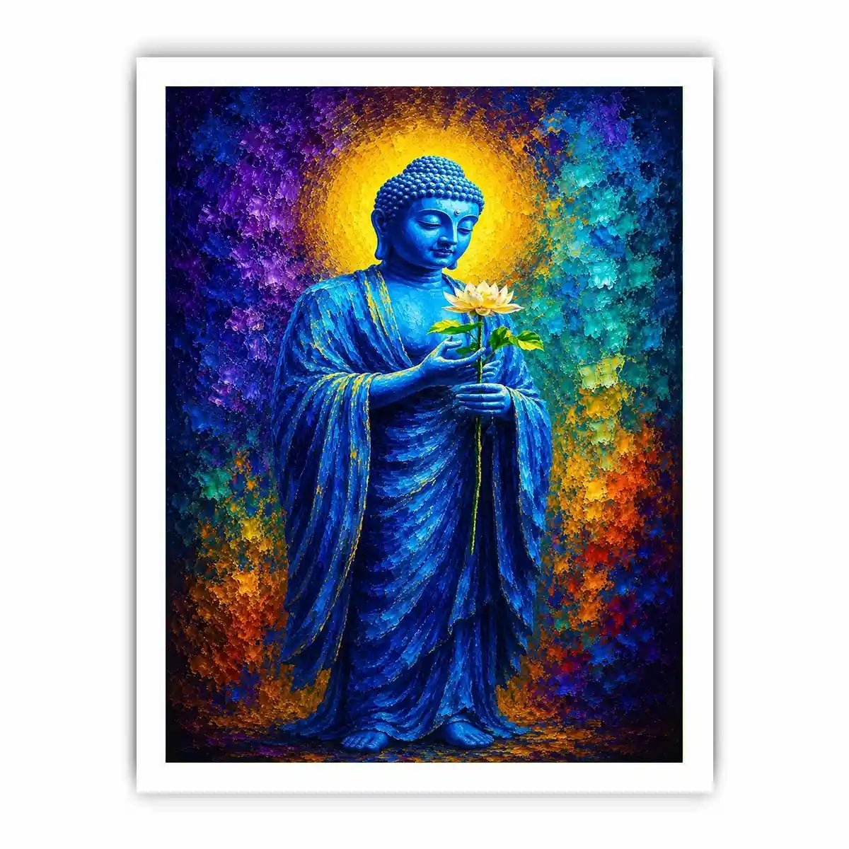 Blue Buddha lotus canvas print in spiritual style for peaceful bedroom or office decor.