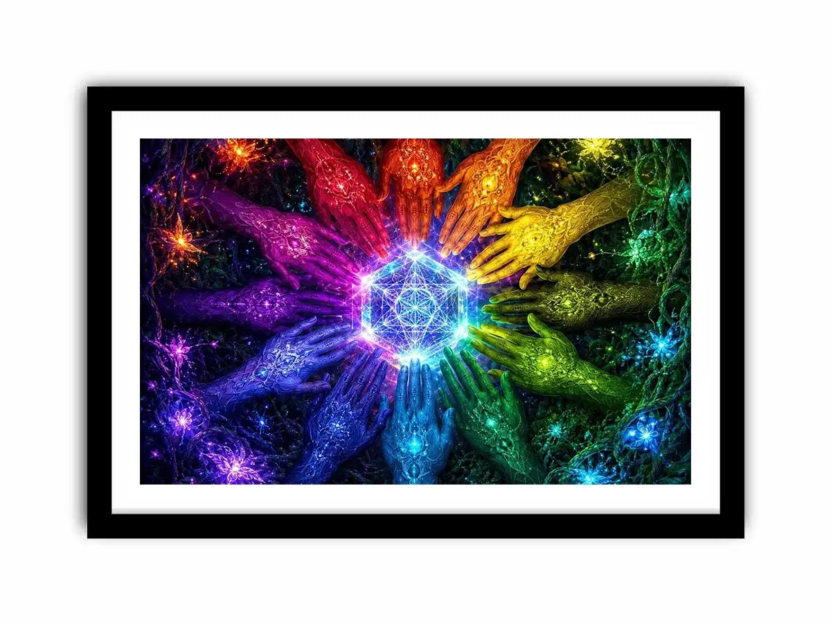 Colorful hands and sacred geometry canvas art for creative office or living room decor.