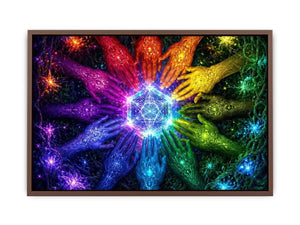 Colorful hands and sacred geometry canvas art for creative office or living room decor.