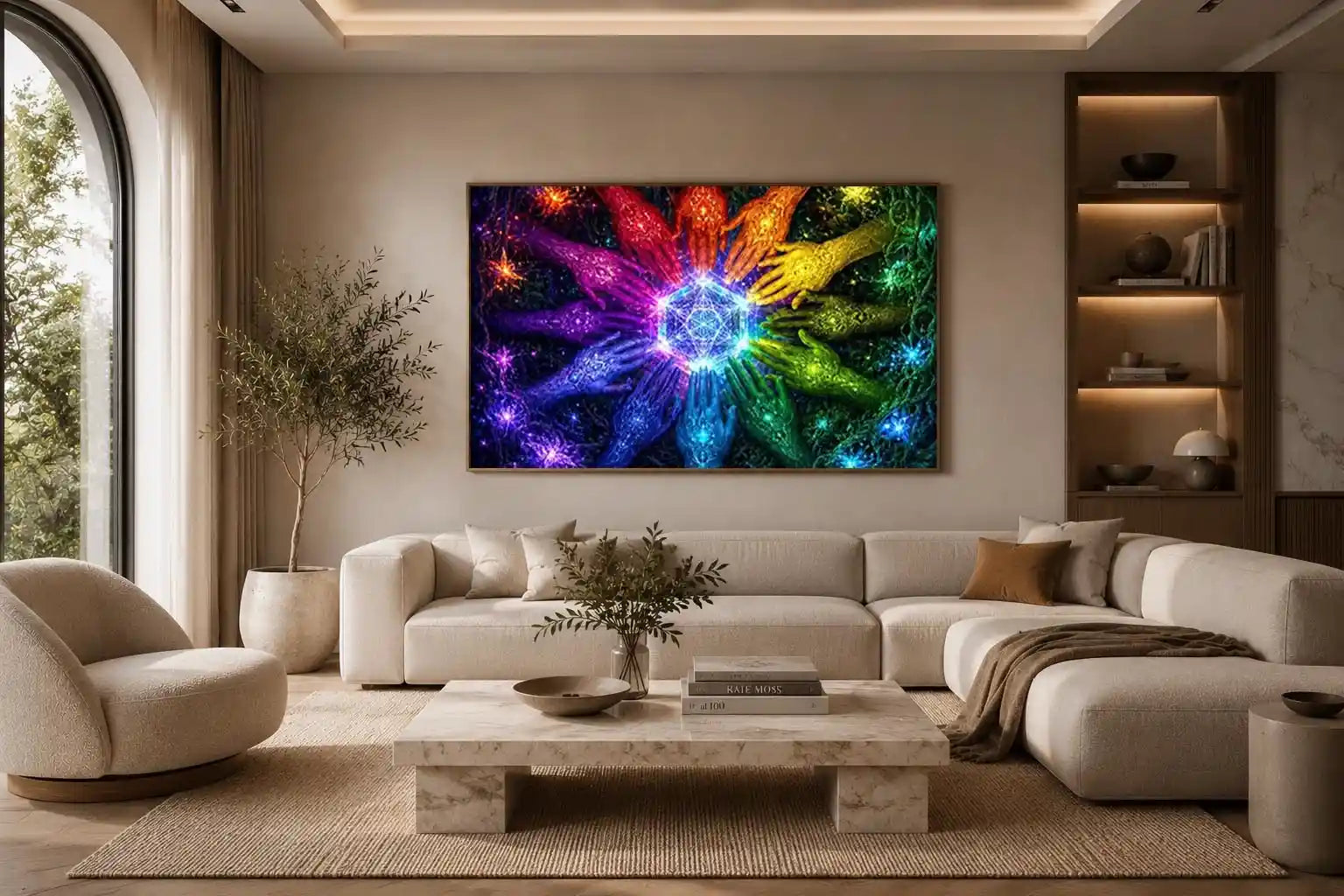 Colorful hands and sacred geometry canvas art for creative office or living room decor.