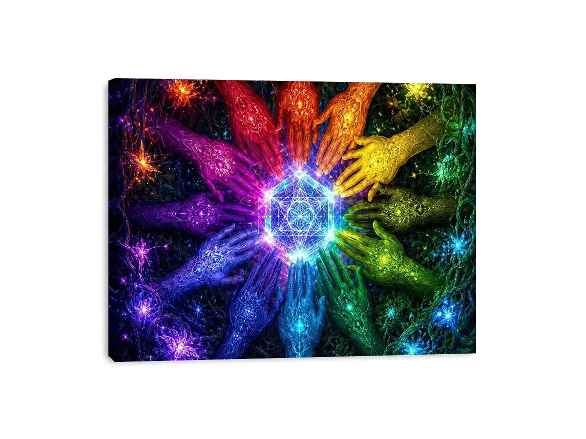 Colorful hands and sacred geometry canvas art for creative office or living room decor.