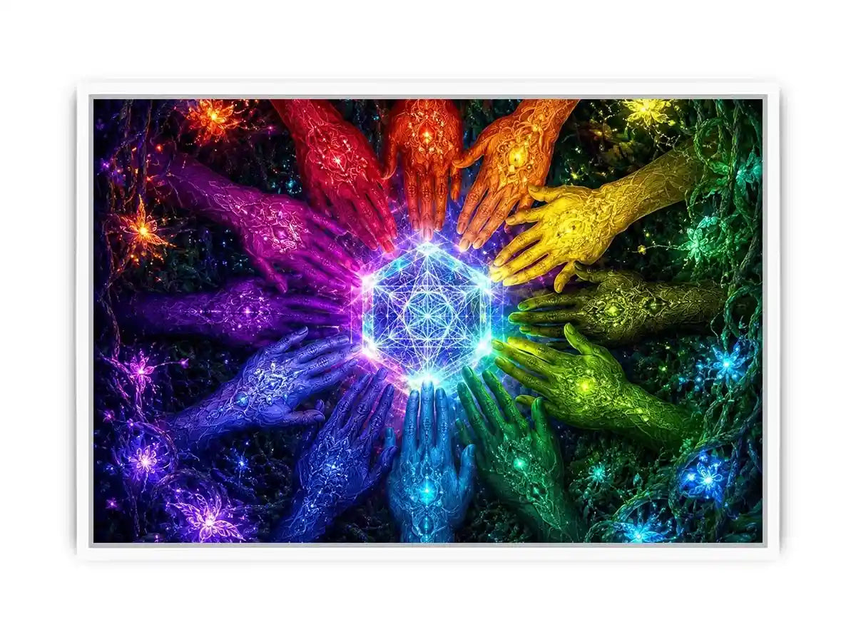 Colorful hands and sacred geometry canvas art for creative office or living room decor.