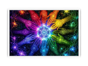 Colorful hands and sacred geometry canvas art for creative office or living room decor.