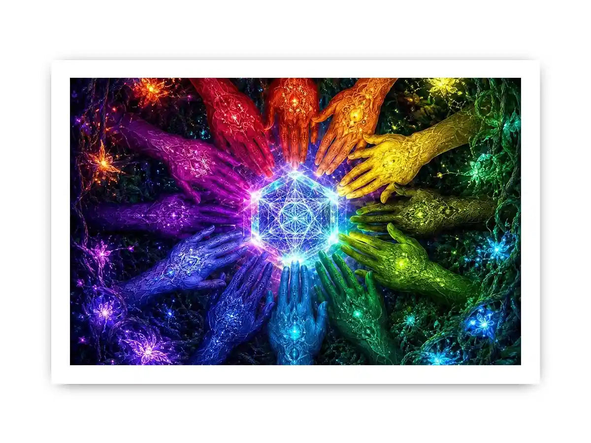 Colorful hands and sacred geometry canvas art for creative office or living room decor.