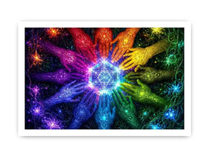 Colorful hands and sacred geometry canvas art for creative office or living room decor.