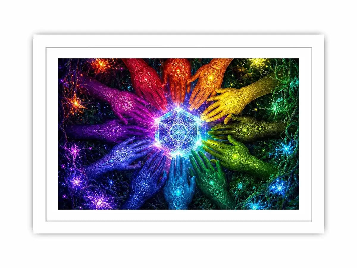 Colorful hands and sacred geometry canvas art for creative office or living room decor.