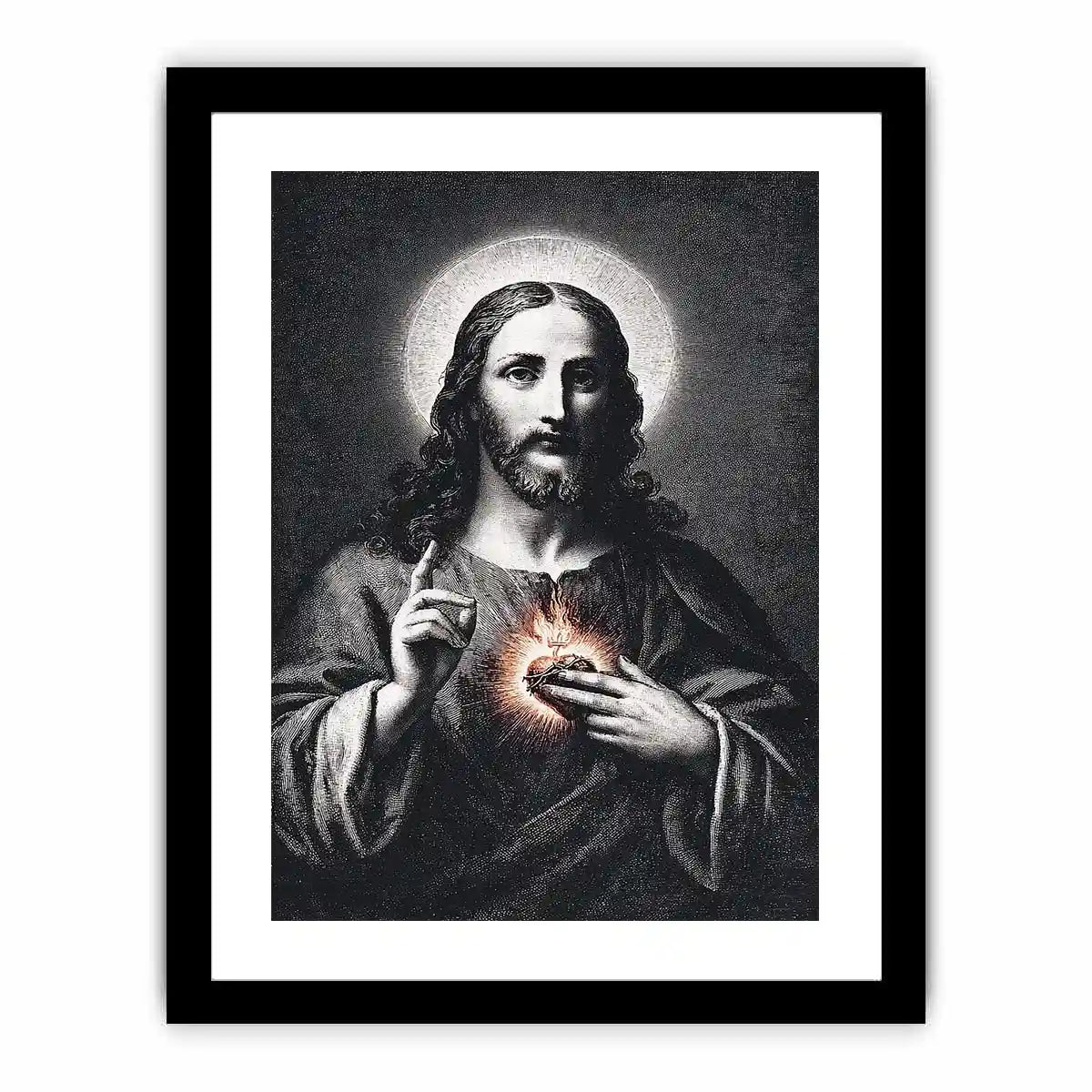 Sacred Heart Jesus portrait in classic black and white style for spiritual living room decor