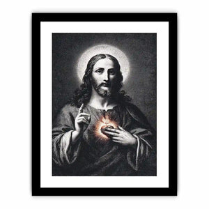 Sacred Heart Jesus portrait in classic black and white style for spiritual living room decor