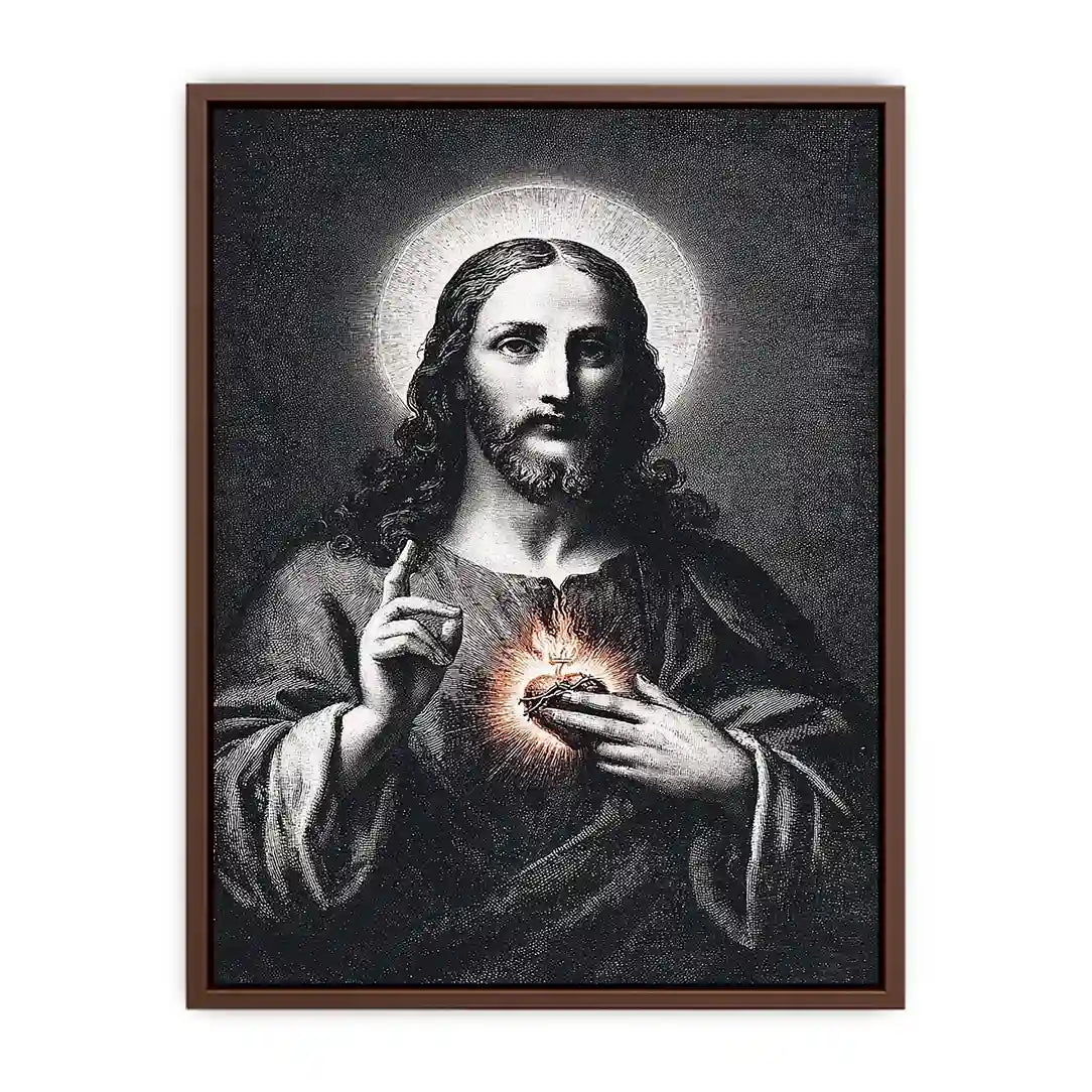 Sacred Heart Jesus portrait in classic black and white style for spiritual living room decor
