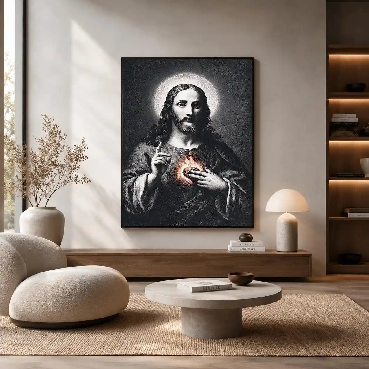 Sacred Heart Jesus portrait in classic black and white style for spiritual living room decor