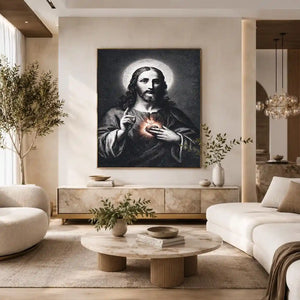 Sacred Heart Jesus portrait in classic black and white style for spiritual living room decor
