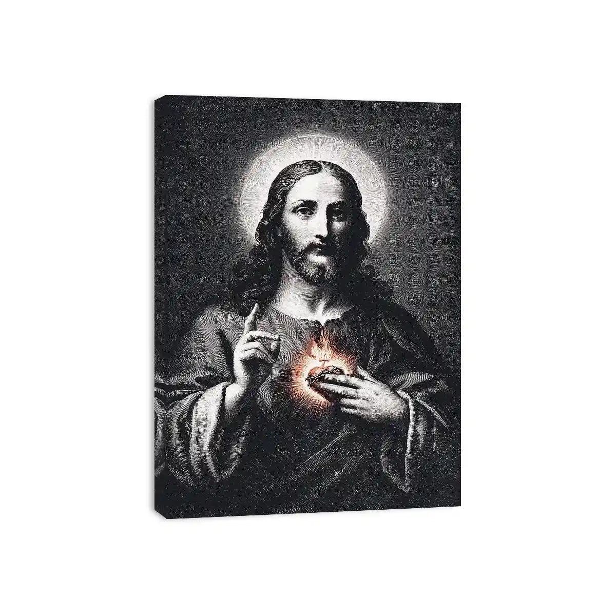 Sacred Heart Jesus portrait in classic black and white style for spiritual living room decor