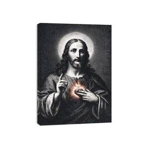 Sacred Heart Jesus portrait in classic black and white style for spiritual living room decor