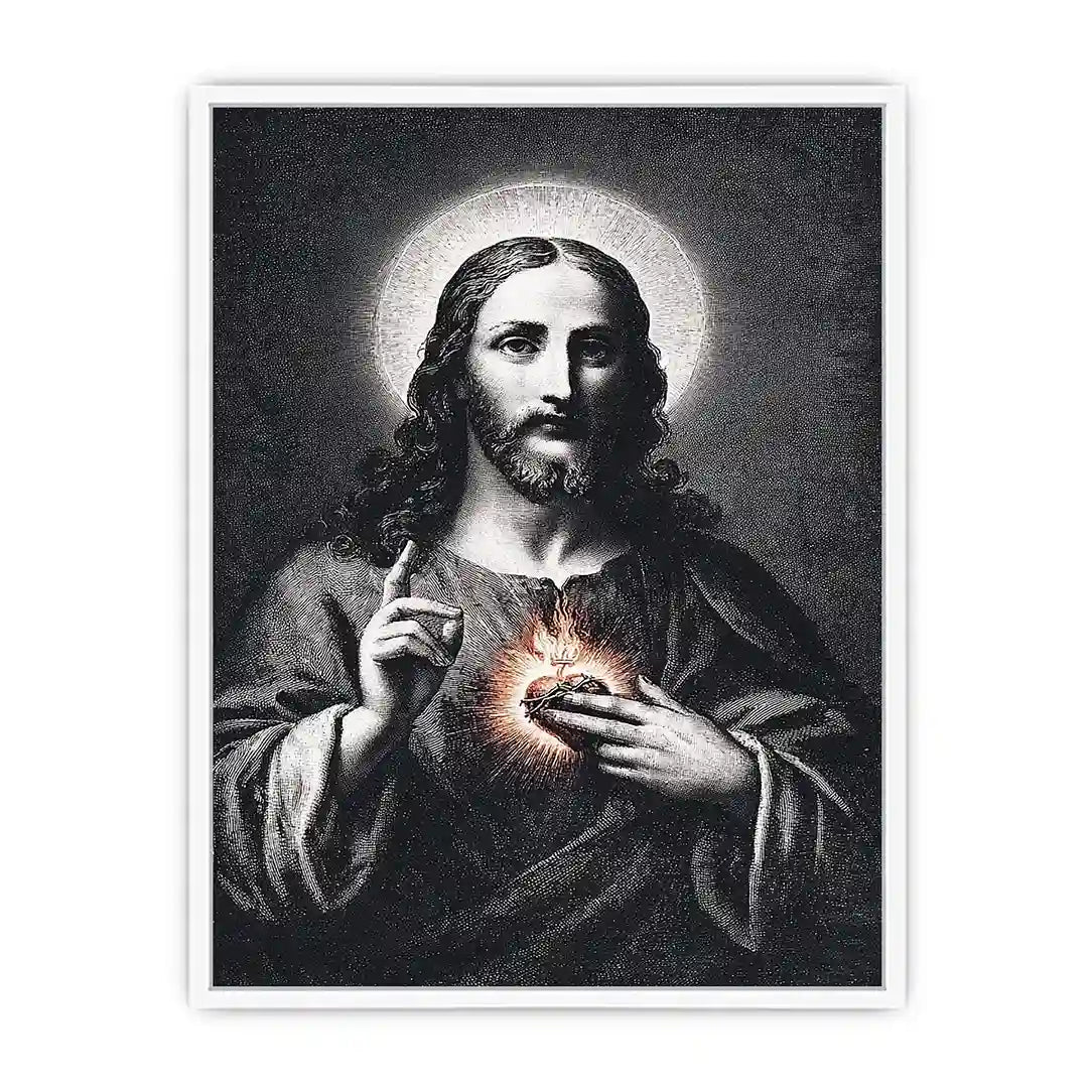 Sacred Heart Jesus portrait in classic black and white style for spiritual living room decor