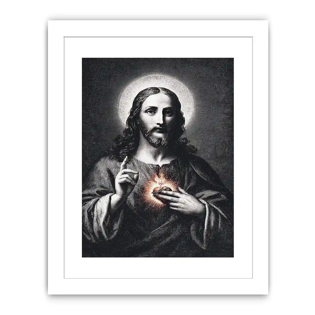 Sacred Heart Jesus portrait in classic black and white style for spiritual living room decor
