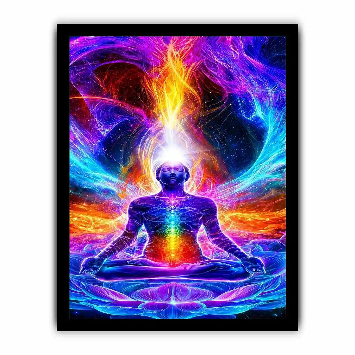 Neon cosmic meditation canvas art with chakra lotus energy for spiritual room decor.