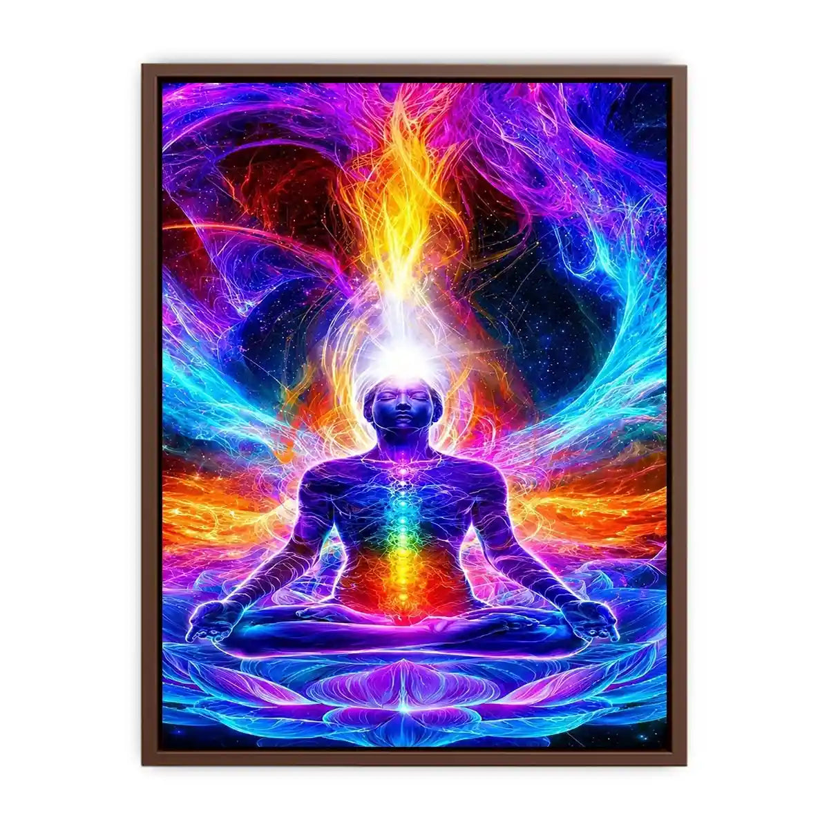 Neon cosmic meditation canvas art with chakra lotus energy for spiritual room decor.