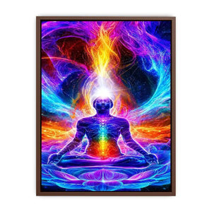 Neon cosmic meditation canvas art with chakra lotus energy for spiritual room decor.
